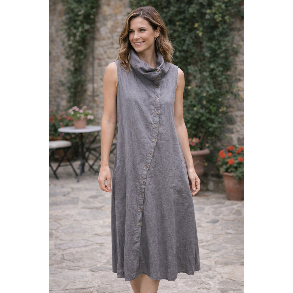 Emery Rose Gray Lagenlook Dress Sleeveless Assymetrical Button Midi Dress Size L